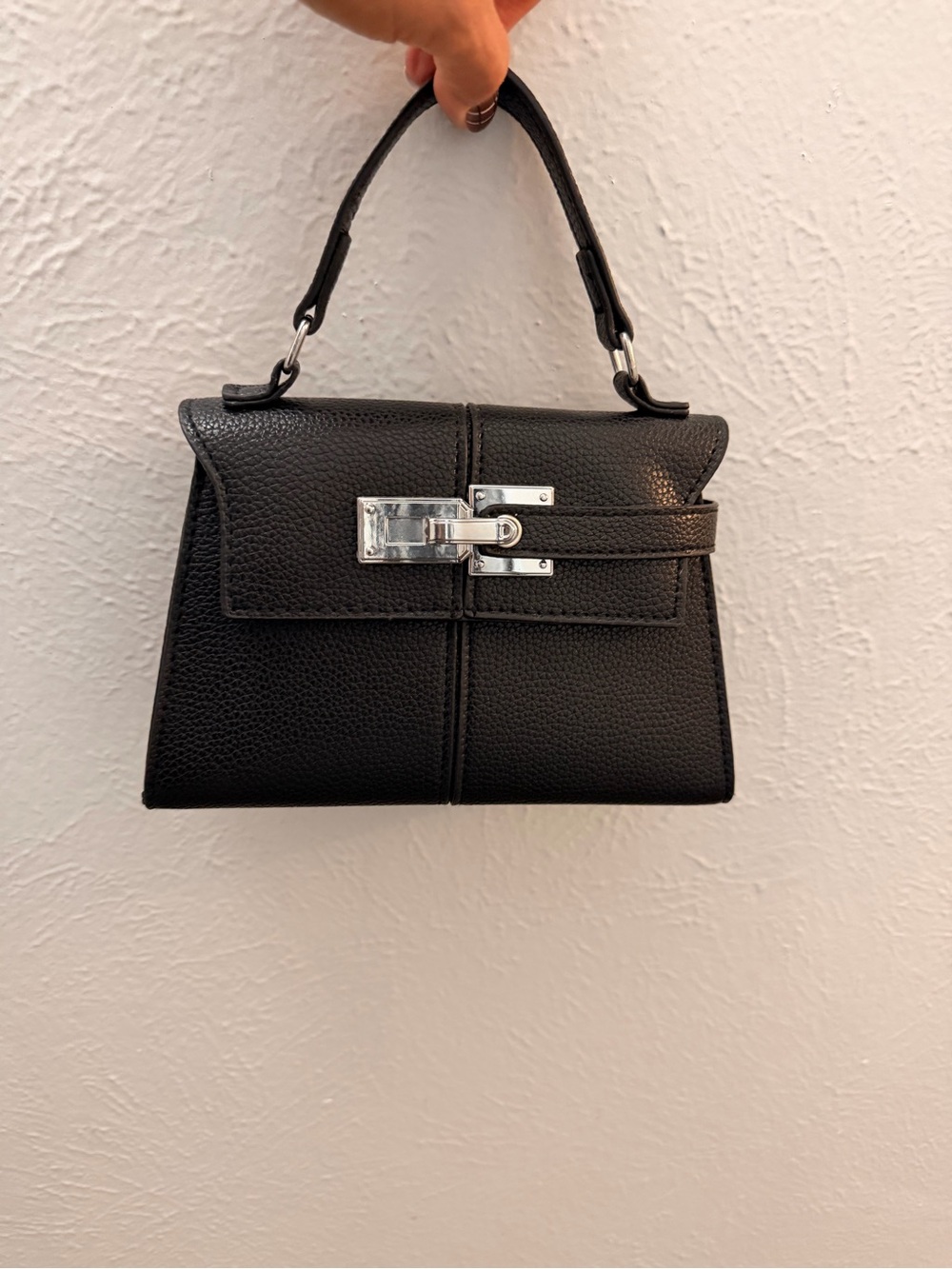 Structured Black Top-Handle Crossbody Bag with Silver Hardware